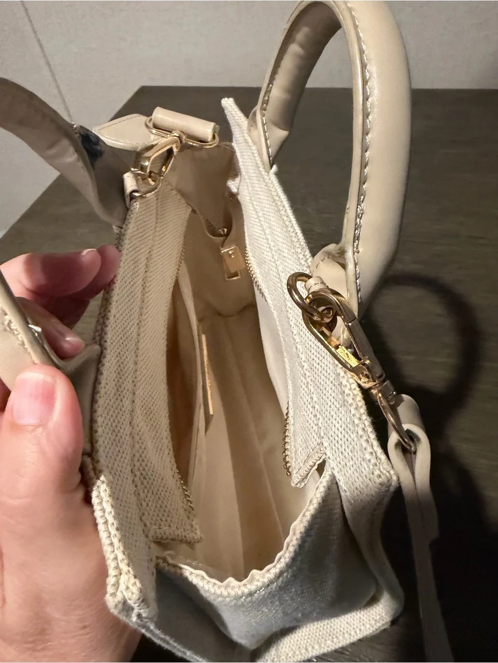 Miztique Cream Canvas & Beige Trim Satchel with Detachable Strap